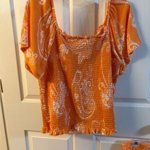 Cato Orange and White Smocked Paisley Blouse
